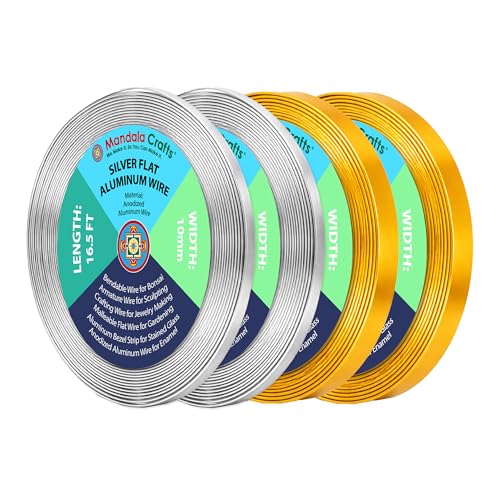 Image of Mandala Crafts 10mm Silver & Gold Tone Flat Aluminum Wire for Sculpting | 66 FT, Anodized, Colored, Tarnish Resistant, Bendable, Flexible, for Jewelry Making, Bezel, Bonsai, Armature, Outdoor