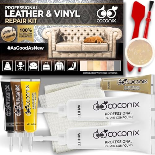 COCONIX Leather & Vinyl Repair Kit - White & Naturals | Fix Tears, Holes, Scratches, and Peeling on Leather and Vinyl Furniture, Car Seats, and Jackets | Easy Application with Customizable Colors