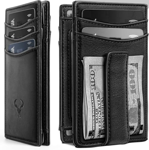 Image of Contacts RFID Blocking Magnetic Closure Slim Genuine Leather Front Pocket Wallet for Men Holds up to 12 Cards Including 1 ID Window Along with Money Clip (Black)