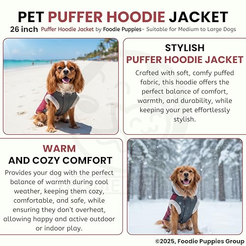 Image of Foodie Puppies Dog Puffer Hoodie Warm Winter Jacket - (Maroon Grey, 26 Inch) for Medium to Large Dogs | Ultra Warm Waterproof & Windproof Fur Coat | Washable Pet Vest Apparel for Cold Weather