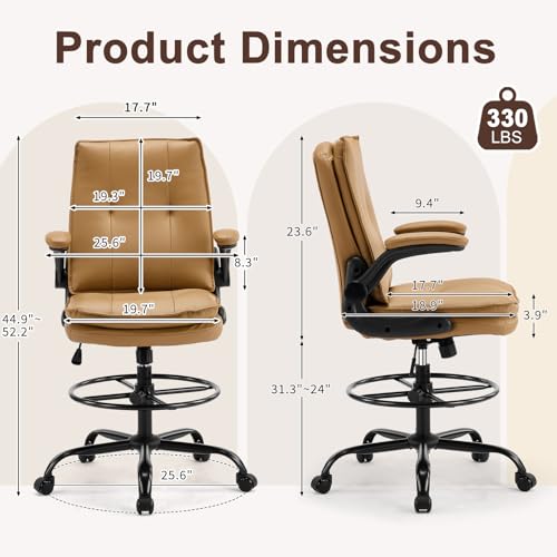 Image of Karl home Tall Drafting Chair, Faux Leather Khaki | 330Lbs Capacity, Tall Office Chair for Standing Desk, Adjustable Height with Foot Ring, Flip-Up Armrests, PU Executive Chair