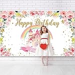 Tegeme Princess Birthday Party Backdrop Pink Royal Castle Photography Background Rainbow and Flower Background Banner for Girl Baby Birthday Decoration, 6 x 3.6 ft - Image 5