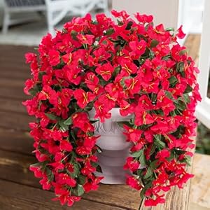 Artificial Faux Bougainvillea Flowers Plants for Outdoor Outside Summer Decoration, 2 PCS Fake Silk UV Resistant Look Real Long Trailing Vines for Front Door Porch Planter Urn Patio Balcony, Red