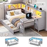 DICTAC Twin Corner Bed Frame with Desk and Storage Bookcase, Twin Size Platform Bed Frame with 4 Storage Drawers,Charging Station and LED Lights,Modern Daybed for Kids and Teen with Drawers,Grey