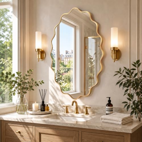 Image of Oval Wall Mirror, 22 inch x 30 inch Gold Wavy Bathroom Mirror for Wall with Brushed Alloy Steel Frame&Shatter-Proof Glass, Decorative Wall Mirrors for Bathroom Sink, Bedroom, Living Room, Entryway