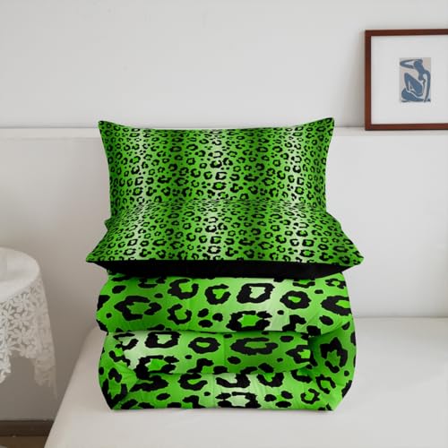 Image of Feelyou Full Leopard Bedding Set Green and Black Comforter Set for Teens Cheetah Stripes Print Comforter Safari Animal Fur Print Duvet Set Adult Microfiber Bed Set