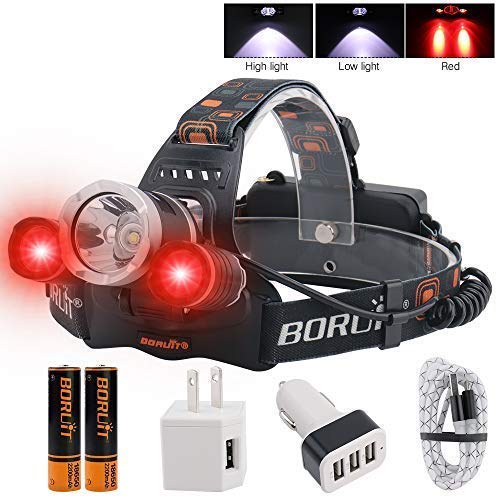 BORUIT LED Headlamp - Ultra Bright 5000 Lumens, 3 Lighting Modes,White & Red