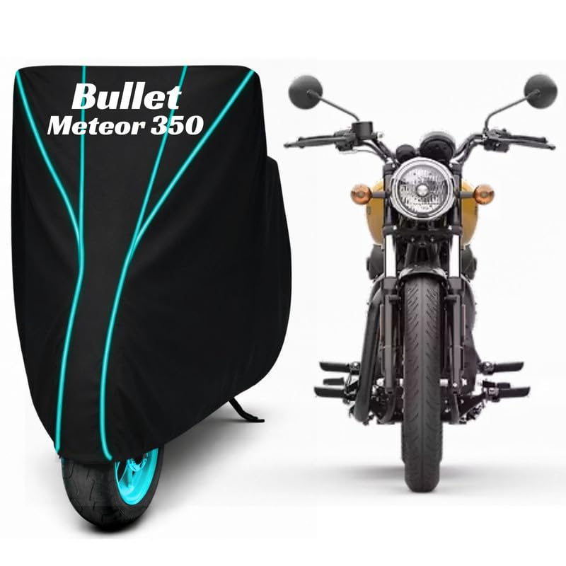 Image of Premium Bike Cover for Royal Enfield Meteor 350, Water Resistant, Dustproof, UV Protected, Scratchproof Motorcycle Cover for Outdoor Use, All Weather Protection (Black & Aqua Piping)