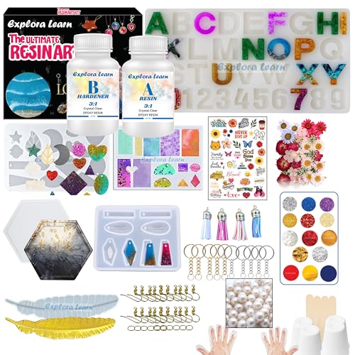 Image of exploralearn 145 Pcs Ultimate Resin Art Kit with 200g Epoxy Resin - DIY Alphabet, Jewelry, Keychains, Coasters & Bookmarks - Includes Dried Flowers, Stickers, Glitters & More