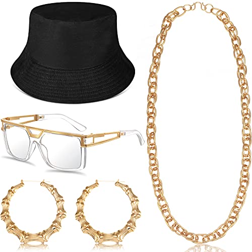 Sintege 80s 90s Outfits Accessories for Men Women Hip Hop Costume Kit,rapper Outfits Hip Hop Jewelry Set for Women Men(Black)