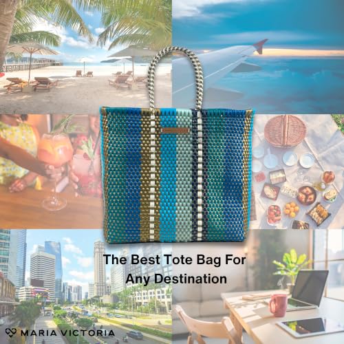 Image of MARIA VICTORIA Handwoven Plastic Mexican Tote Bag Large For Women, Waterproof, Lightweight, Multi-Color Design, Perfect for the Beach, Shopping, and Everyday Use, Billy Jeans Large
