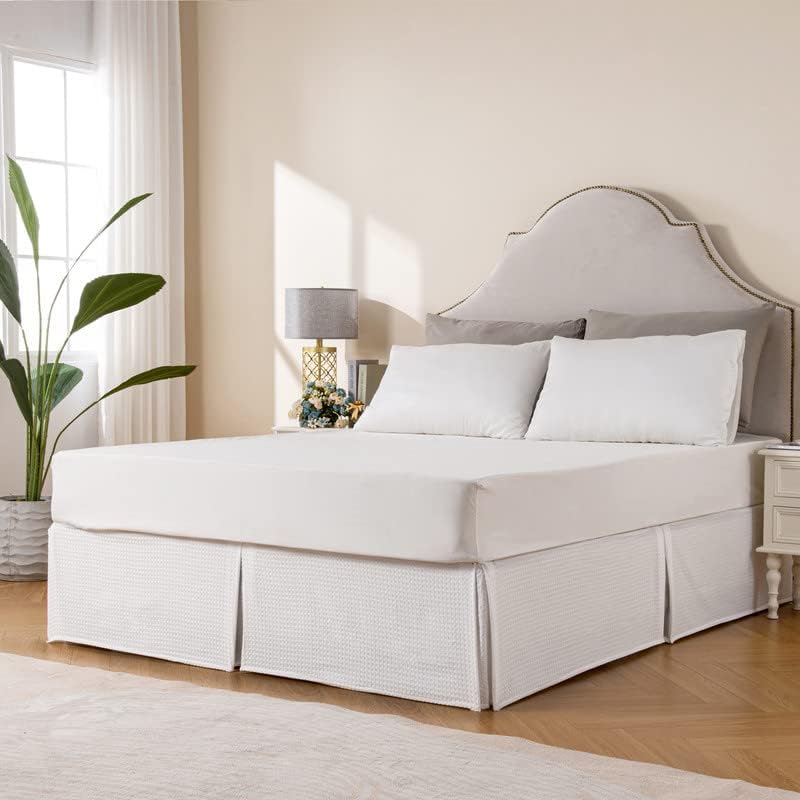 Image of MIYE Pleated Waffle Weave Bed Skirt, Tailored Dust Ruffle 18 Inch Drop Easy Fit, Machine Washable (White, King - 18 inch Drop)