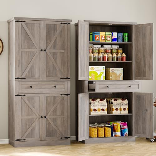 Image of BORNOON Pantry Organizers and Storage Cabinet, 67.7 inch Barn Door White Kitchen Cabinet with Drawers and Adjustable Shelf, Tall Pantry for Kitchen, Dining Room, Living Room Bedroom