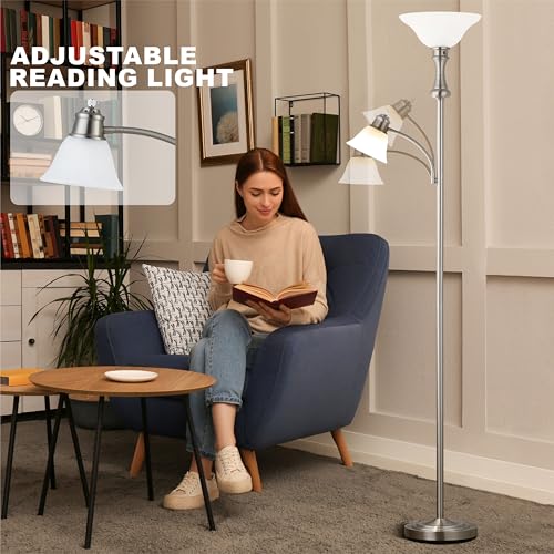 Image of Torchiere Floor Lamp with Adjustable Angle Reading Lamp-Silver 71IN | Standing Lamp for Bedroom with Glass Shade, Tall Floor Lamp for Living Room Decor, Office, Corner, Knob Switch, Bulb Included