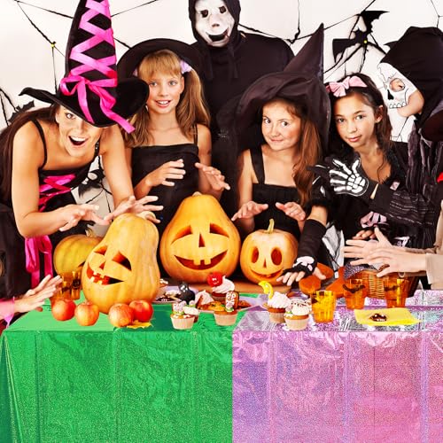 Image of 4 Pcs Iridescent Pink and Green Tablecloth Party Decorations, Holographic Foil Plastic Table Cloths for Rectangle Tables, Disposable Green and Pink Table Cover for Witch Theme Birthday Party Supplies