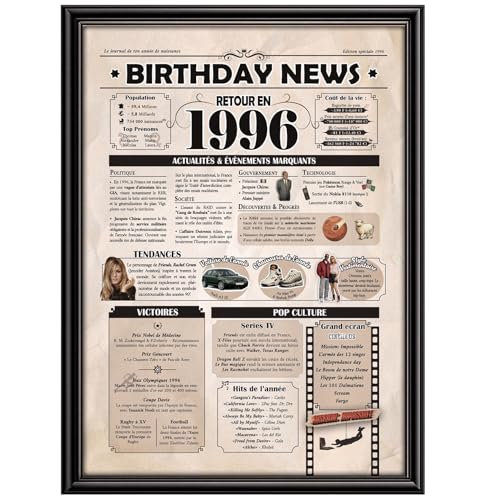 Affiche Anniversaire 1996 – Carte Cadeau 30 Ans Femme Homme – Poster Vintage - Journal "Retour en 1996" – Idée Cadeau Originale – Enveloppe Cadeau Prête à Offrir - (Taille A4 à encadrer ou non)