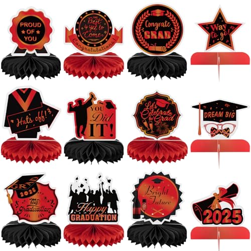 Image of 12PCS Graduation Decorations Class of 2025, Congrats Grad Table Centerpieces Graduation Honeycomb Centerpieces Grad Party Centerpieces 2025 Graduation Decorations for Party, Red