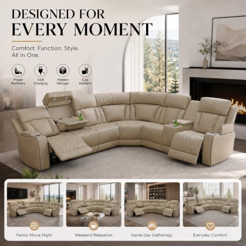 Image of Power Reclining Sectional Sofa Set, Modern Leather Sectional Couch Set, Living Room Furniture Sets Featuring LED Lights,Cup Holder,Storage,Home Theater Seating(Beige)