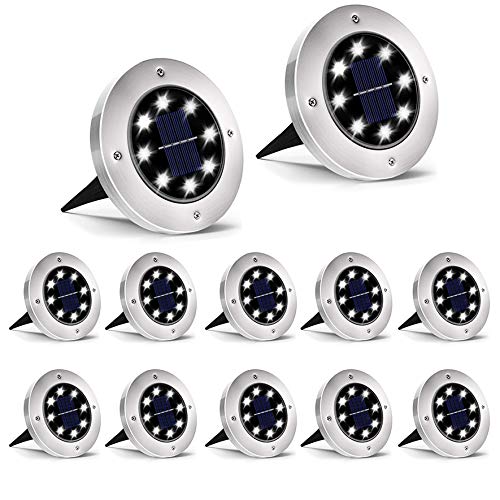Solar Ground Lights, 8 LED Solar Garden Lights, Outdoor Solar Disk Lights, Waterproof In-Ground Lights, Landscape Lights for Pathway, Yard, Deck, Patio, Walkway, 12 Packs, Cold White