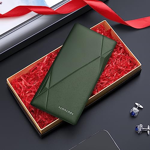 VANNANBA Long Slim Wallet for Men RFID Blocking Leather Checkbook Wallet,Thin Bifold Credit Card Holder with ID Window & Gift Box(Green Army)4