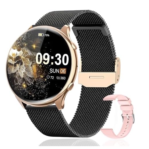 elfofle Smartwatch Damen mit Telefonfunktion, 1,39 Zoll TFT HD Touchscreens, IP67 Wasserdicht mit 120 Sport SpO2 Pulsuhr Menstruationszyklus Schlafmonitor,Armbanduhr für iOS Android Schwarz Gold