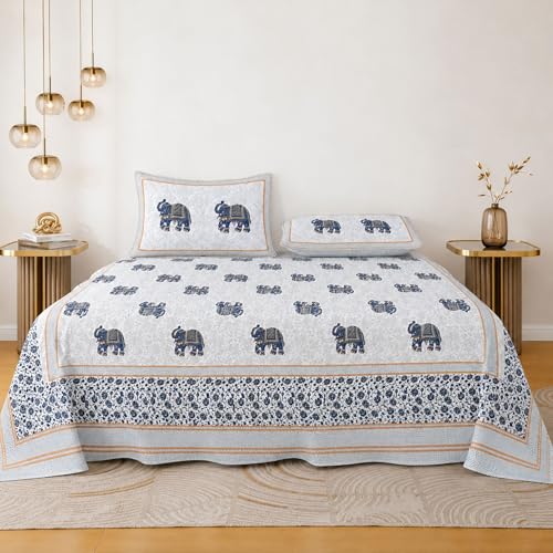 Image of Jaipur Weaves Jaipuri Cotton King Size Bedsheet 108x108 Super King, 144 TC 100% Pure Cotton Double Bed Sheet with 2 Pillow Covers, Royal Elephants Traditional Print - (Elephants Blue, Super King)