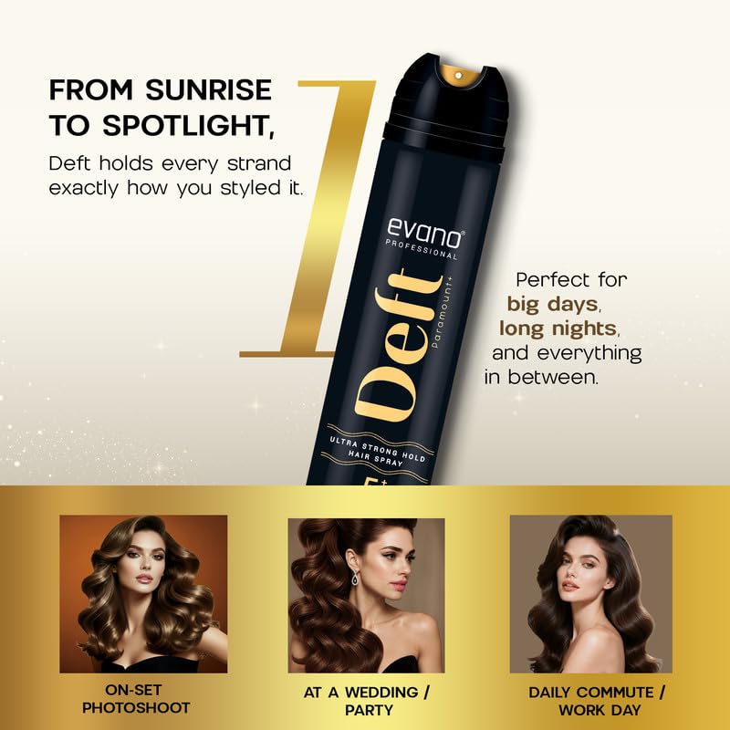 Image of Evano Professional Deft Paramount Hair Hold Spray For Men & Women 250ml | Extra Strong Hold for Long Events| Instant Crystal Shine | Non-Sticky & No Flakes | for All Hair Types