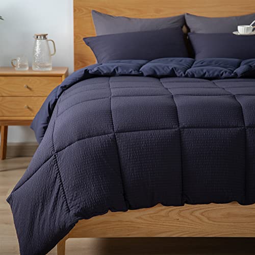 Kasentex Winter Warmth Quilted Comforter Set Twin With 1 Pillow Sham, Cozy Soft Seersucker Bedding Set Textured, Down Alternative Fill(Twin/Twin Xl Set, Navy) #TOP2