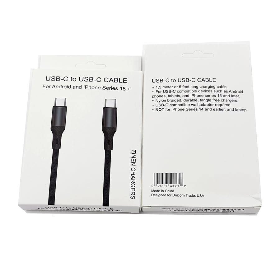 (50 Packs) USB-C to USB-C Cable, 1.5M or 5FT Braided USB Type C Charging Cord, 60W/3A Fast Charge, Compatible with iPhone 15+ and Android Devices