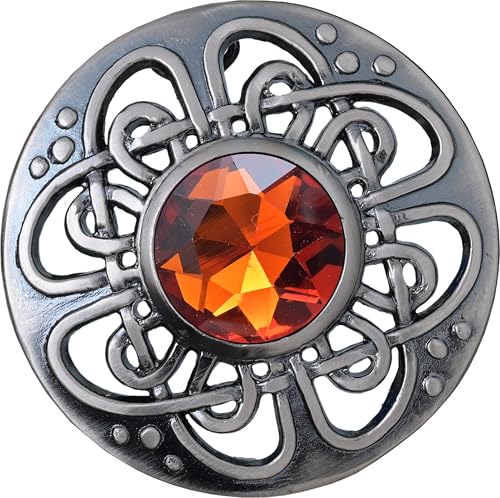 Image of Elegant Culloden Plaid Brooch - Scottish Kilt Fly Plaid Brooch Intricate Celtic Knot in Pewter with Gemstone 3-Inch Diameter - Ideal for Scottish Kilts & Formal Wear