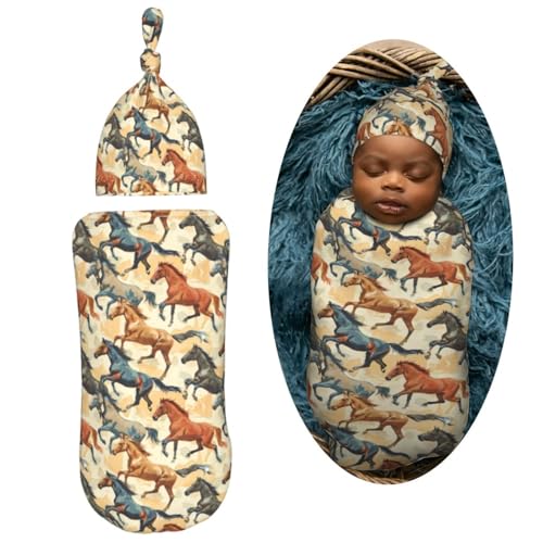 Image of Watercolor Running Horse Newborn Swaddle Blankets Hat Sets Soft Baby Receiving Blanket Swaddle Sack for Baby Shower Infant Boy Girl Gift