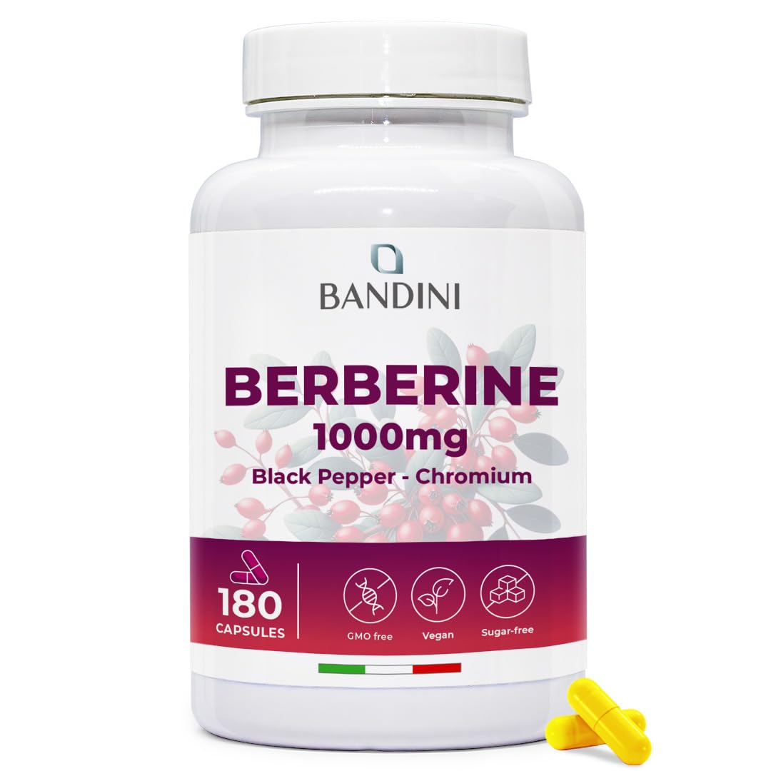 Bandini® Berberine 1000mg Pure high Dosage | 180 Vegan Capsules - Pure Berberin HCL from Berberis Aristata 97% + Chromium and Black Pepper | Maximum Absorption - Digestive, Liver, Intestinal Function