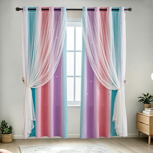 Image of indistar Dreamy Star Cutout Blackout Curtains with White Sheer,Double Layer Curtains for Girls Bedroom, Hollow Out Drapes for Nursery (2 Panel,52Wx63L,Purple Pink Green)