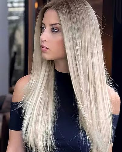 PORSMEER Natural Looking Long Ombre Blonde with Brown Roots Glueless Wig For Womens Ladies Straight Silky Synthetic Heat Resistant Hair Wig with Lace Middle Part 28 Inch PORSMEER Natural Looking Long Ombre Blonde with Brown Roots Glueless Wig For Womens Ladies Straight Silky Synthetic Heat Resistant Hair Wig with Lace Middle Part 28 Inch