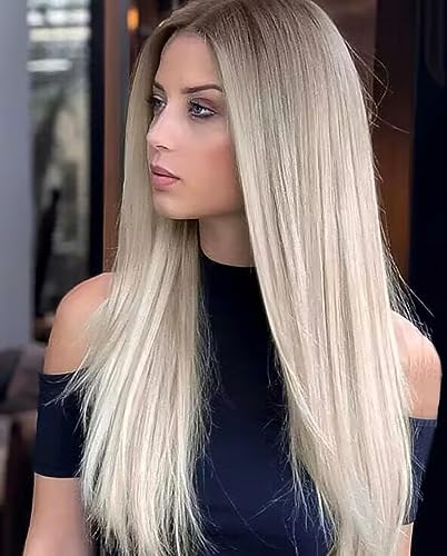 PORSMEER Perruque Naturelle Blonde Lisse Perruque en dentelle longue blonde aux racines brun foncé pour femme Quotidienne Cosplay Déguisement