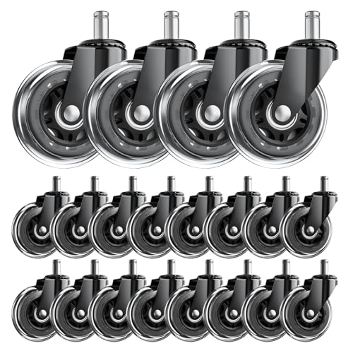 Image of Office Chair Wheels for Hardwood Floor, 20 Pack 3 Inch PU Casters | Protects Hardwood, Laminate & Tile. No Scratches. 650Lbs. Rolls On Low Pile Carpet. Tool-Free. Universal Stem