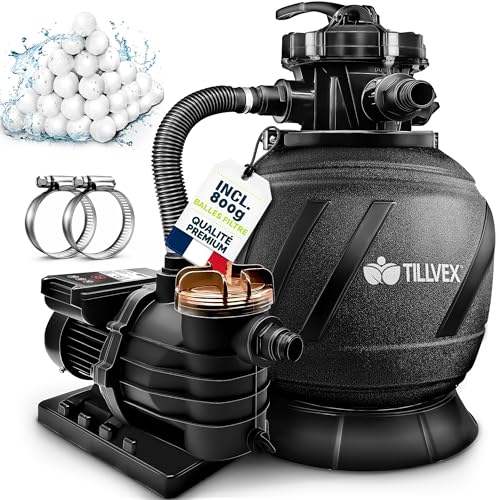 tillvex Système de Filtre à Sable 10m³/h + 800g Boules de Filtre – 7 Fonctions | Filtre de Piscine avec indicateur de Pression | Filtre à Sable pour...