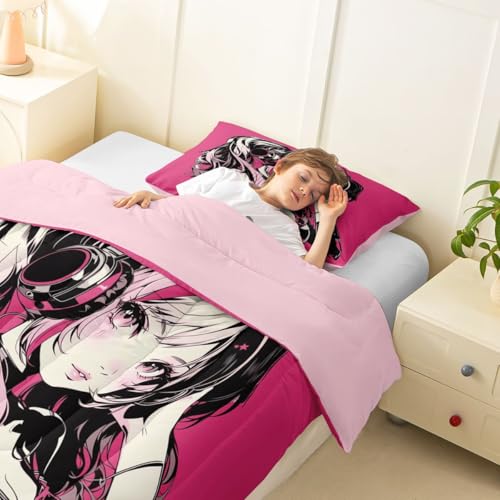 Image of Erosebridal Pink Anime Girls Bedding Cartoon Japanes-Style Comforter Set Twin, Graffiti Street Culture Bed Comforter Set for Kids Teens Youth Watercolor Hippie Style Duvet Set 2Pcs