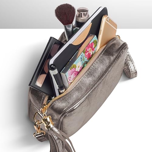 Image of Italian Genuine Metallic Suede Crossbody Bag for Women with Zipper | Small Leather Camera Purse Shoulder Handbag Pocketbook