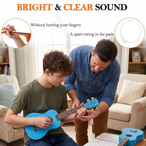 Image of Everjoys Soprano Ukulele Beginner Kit 21 Inch w /Free Online Lesson Gig Bag Tuner Picks Strap, Fast to Learn (Blue)