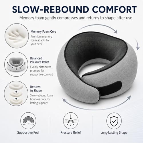 Oreiller de voyage pour avion, oreiller cervical en mousse à mémoire de forme pour voyage avec support de menton, housse lavable et sac de rangement, support de cou ergonomique à 360° pour les longs vols, voiture, bureau, maison, gris max – Image 3