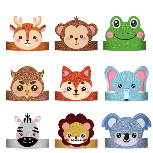 9Pcs Animal Birthday Party Hats?Safari Jungle Party Headbands with Paper Crowns for Girls Kids