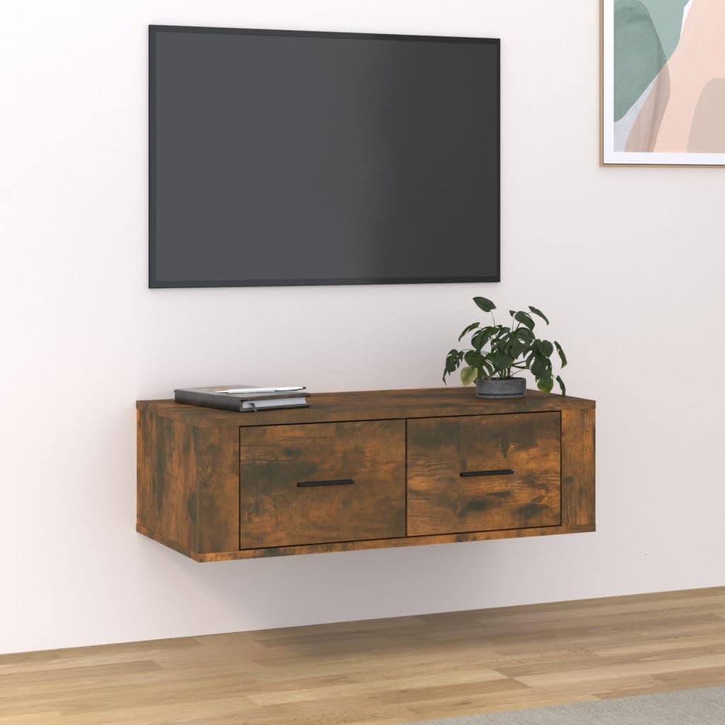 Armoire TV Suspendue en Bois d'ingénierie Chêne fumé 80x36x25 cm avec tiroirs pour Salon, séjour ou Chambre, Support Mural Moderne et Robuste pour écran multimédia