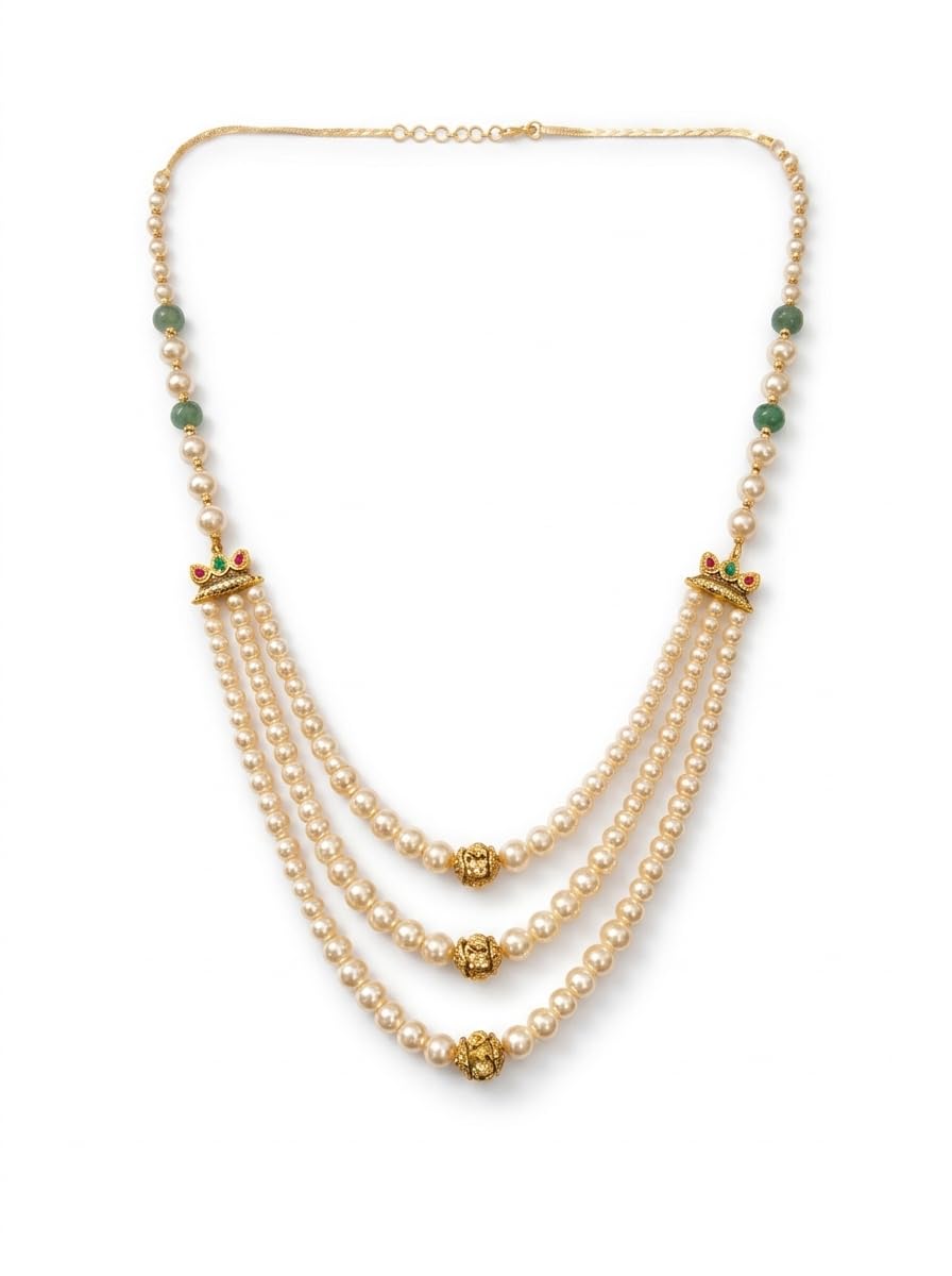 Traditional Gold Plated 3-Layered Shell Pearl Mala for Men | Royal Dulha Groom Necklace for Wedding & Sherwani | Handcrafted White Moti Haar with Green Bead & Gold Bead Accents-image-18