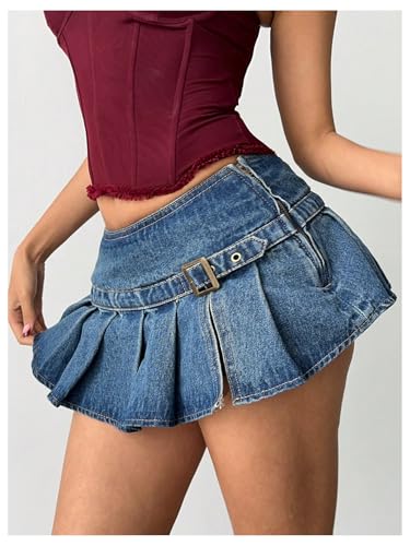 WDIRARA Women's Low Rise Pleated Mini Denim Skirt Y2k Buckle Jean Skirt4