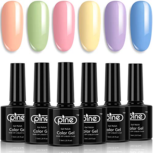 Pine Nail Gel Polish Set 6 Pastel Color Light Salmon Green Pink Yellow Purple Blue Spring Summer Color 7.5 ml Soak Off UV LED Cure Manicure Set