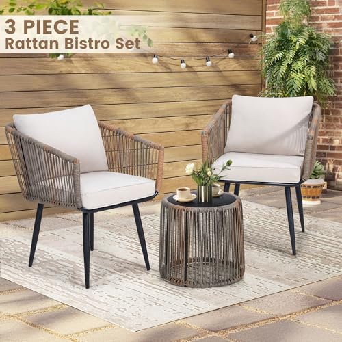 Image of Kromax 3-Piece Patio Rattan Bistro Conversation Set, Beige | Outdoor All-Weather Wicker Furniture Chairs and Side Table Set, Ideal for Balcony, Porch and Backyard
