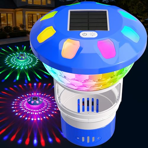 AquClor Chlorine Floater with Light Pool Chlorine Floater with Adjustable Flow Solar Chlorine Floater w/Large Capacity Collapsible Floating Chlorine Dispenser for Pool Hot Tub Chlorine Floater Blue