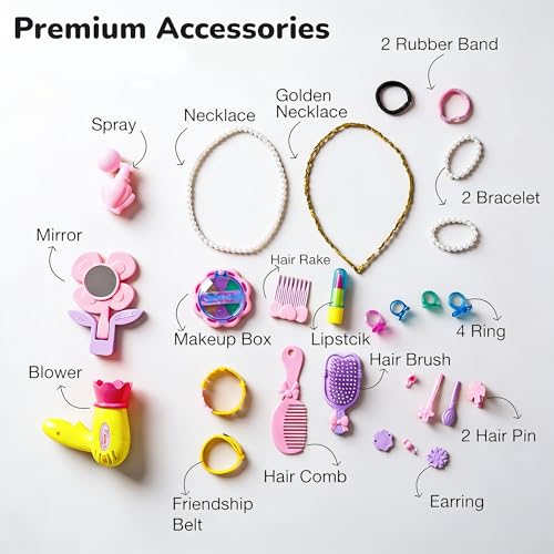 Image of Baybee Beauty Set Toys for Girls | Kids Makeup Set with Trolley Suitcase, Pretend Role Play Toys with Make up Table, Hair Accessories & Styling Tools, Portable Toy Set for Girls 3+ Years (Yellow)