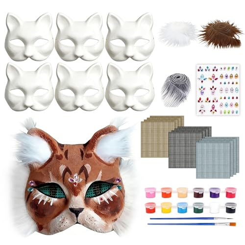 TOUKBEAU 17 Pcs Therian Mask Kit DIY Blank Cat Mask Set with Faux Fur Eye Mesh Adhesive Felt & Gem Stickers for Cosplay Masquerade Carnival Party and Dress Up